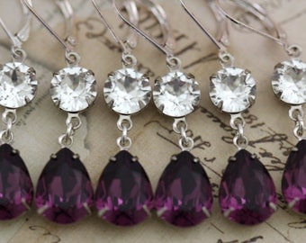 Bridesmaids Earrings Purple Wedding Amethyst Earrings Set of 3 4 5 6 7 8 9 10 Pairs Swarovski Crystal Pear Teardrop Bridal Party Gift Silver