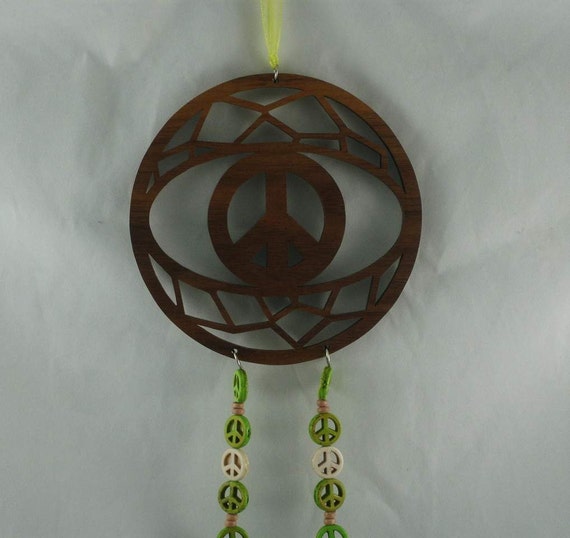 Peace Sign Dream Catcher with Green Peace Beads Handcrafted from Walnut Wood