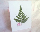 Christmas Tree Card, real pressed green fern with little red package and Merry Christmas stamped inside
