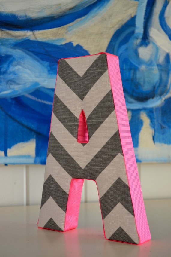 Wall Art - Personalised Fabric Letter A in Grey Chevron with Hot Pink Ribbon