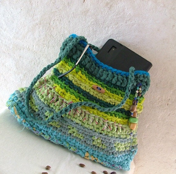 Rag bag crochet upcycled Shoulder bag . blue green bag with
