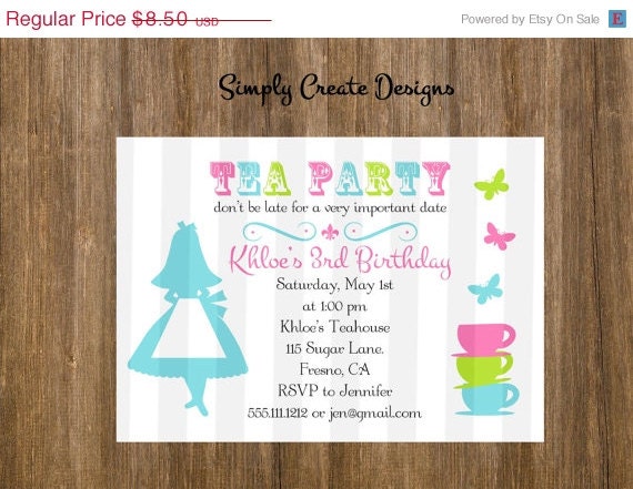 Alice Inspired Tea Party Invite 5x7 Jpeg DIGITAL File Il_570xn