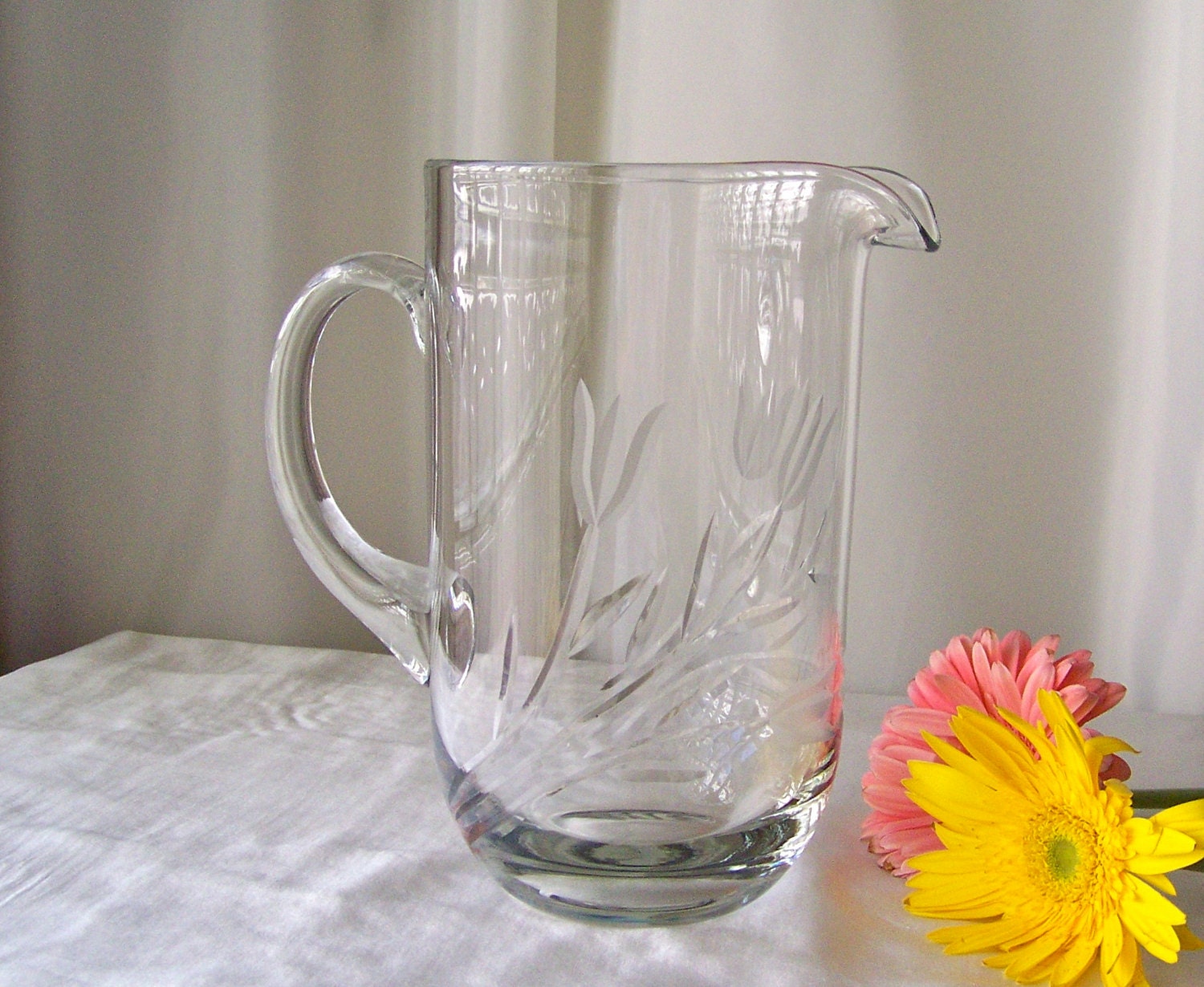 Vintage Glass Pitcher Etched Flowers Rounded Base by CynthiasAttic