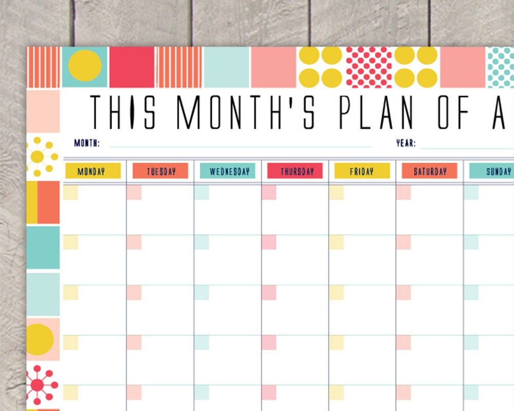 Monthly Planner Printable DIY Organiser Mid Century Colourful