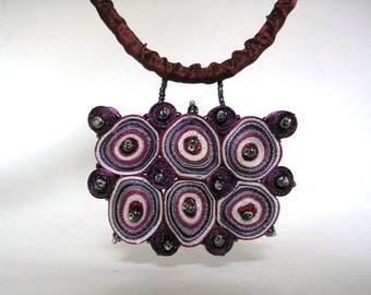 Statement necklace, textile necklace purple, textile pendant - Textile jewelry OOAK ready to ship
