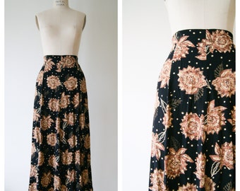 Maxi Skirt. Vintage 90s Black Floral Long Skirt. Rayon Skirt. High ...