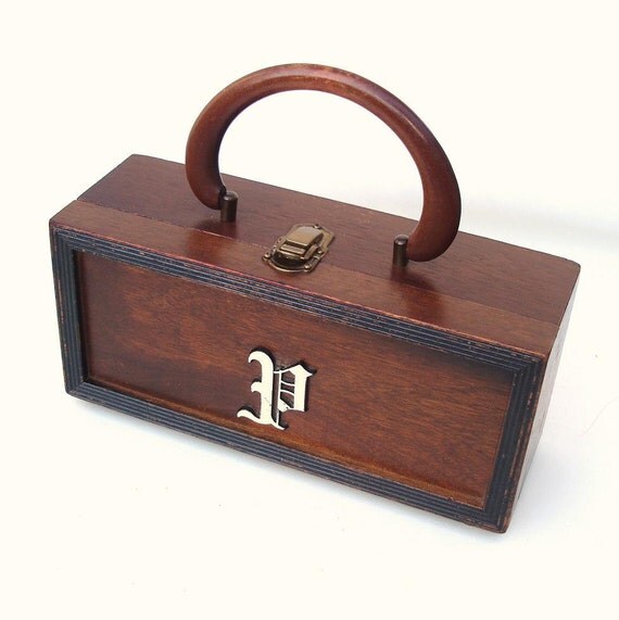 Vintage Wooden Box Purse Wood Handbag 50s Purse Monogram Bag