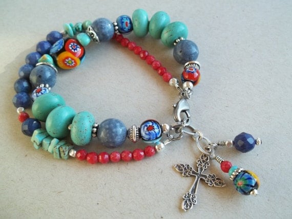 Boho Chic, Turquoise Jewelry, Faceted Coral, Milifiori Beaded Bracelet with Sterling Silver Cross & Beaded Charms