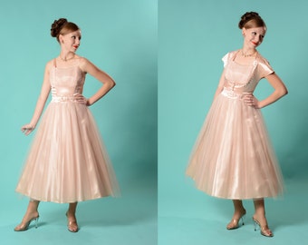 Vintage 1950s Blush Wedding Dress Pink Satin Tulle Studded Bolero Bridal Fashions
