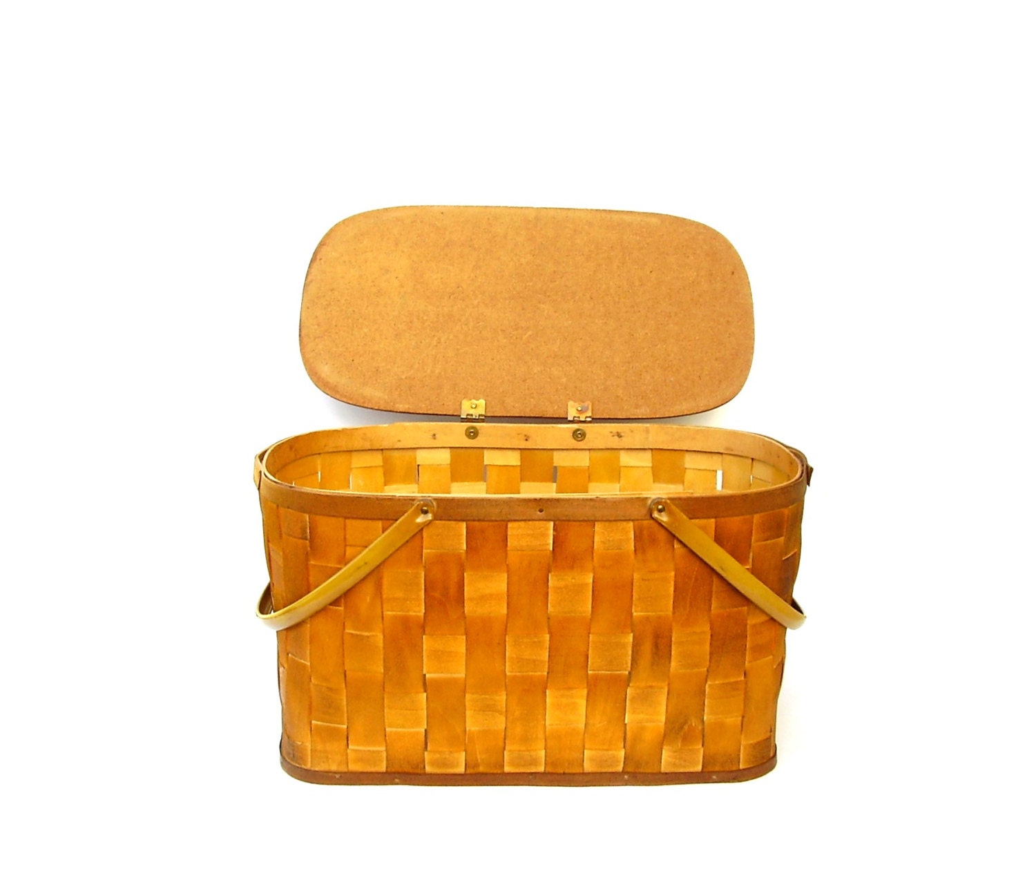 Vintage Picnic Basket Woven Wood Splint Lunch Hamper Storage
