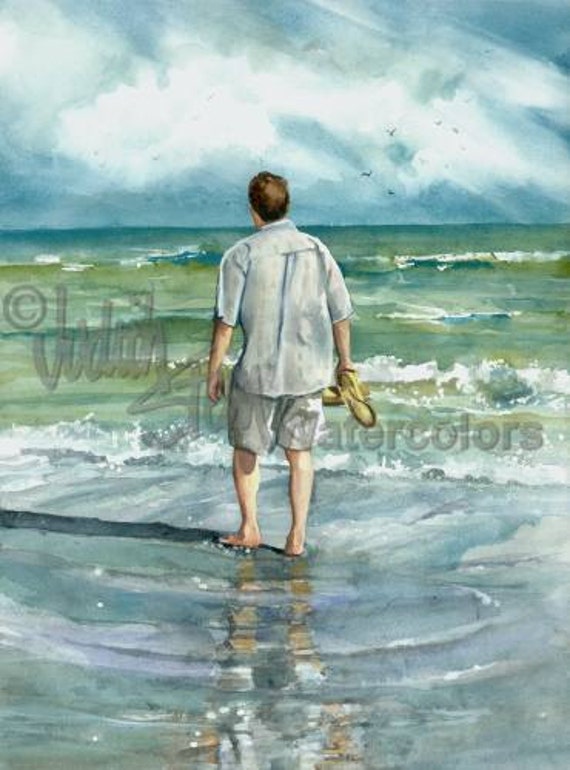 Man Walking Beach Seashore White Shirt Sandals Seascape