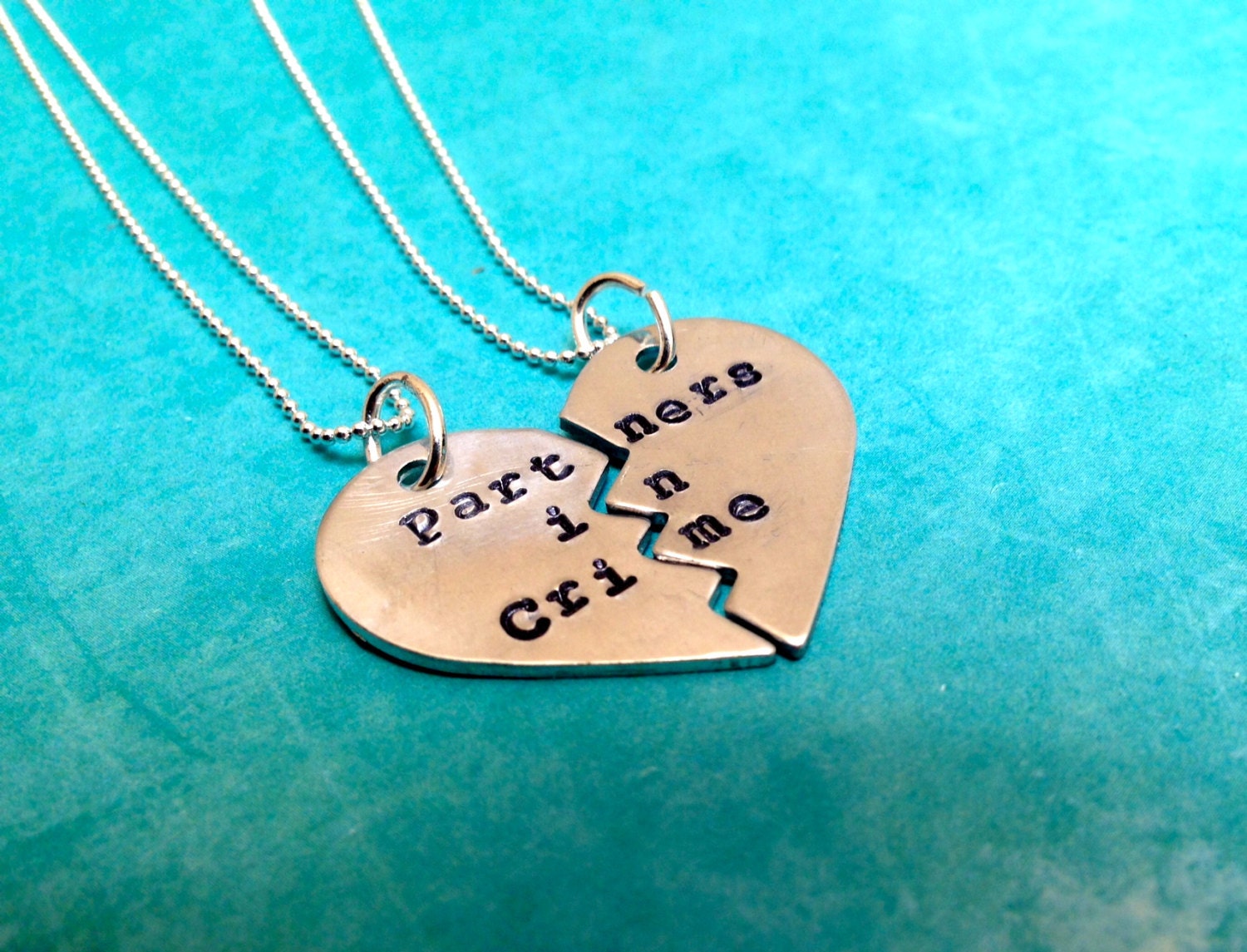 Partners in Crime Hand Stamped Broken Heart Necklace Set In