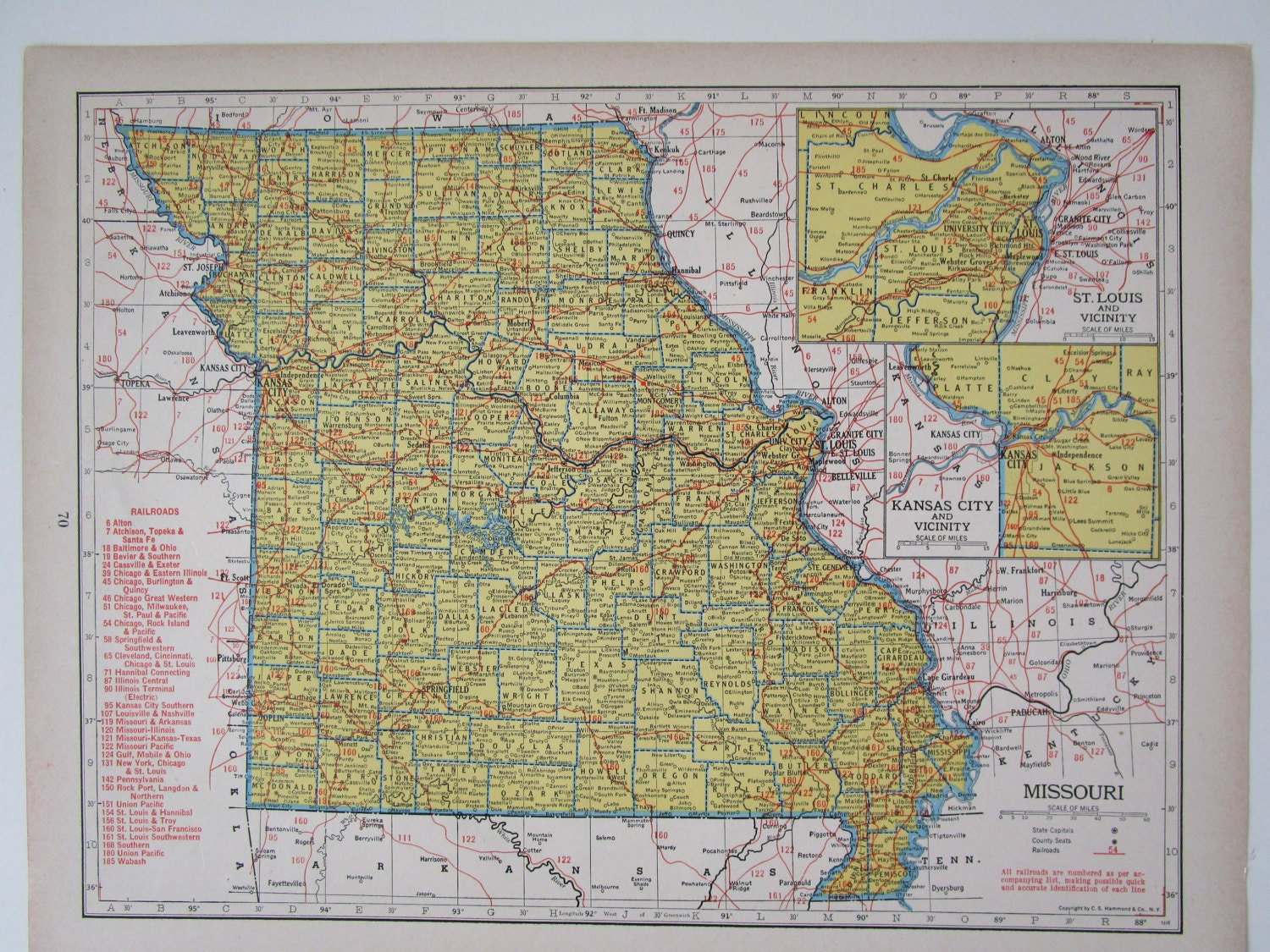 MO MS 1946 MISSOURI Railroad Map. 8x11. St by OriginalAntiqueMaps