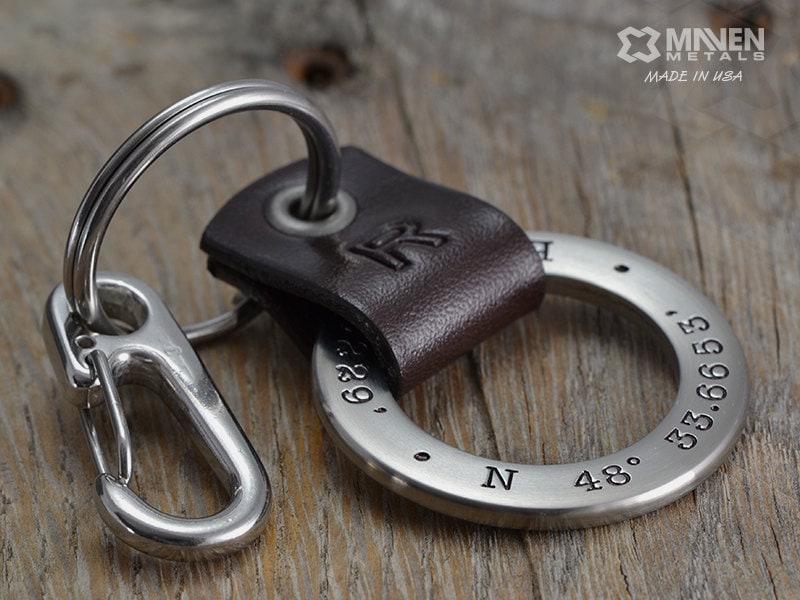 Mens Personalized Leather Keychain Latitude by MavenMetalsInc