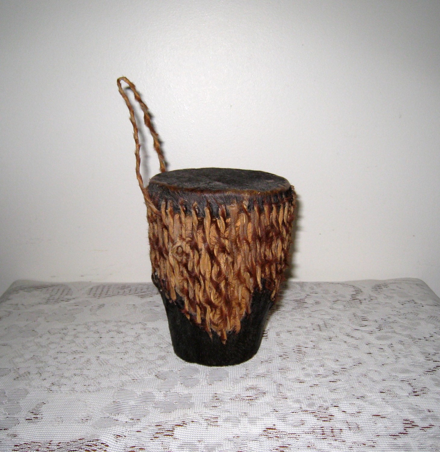 African Hand Drum With Rattle / Wood Rawhide & Fur / Vintage