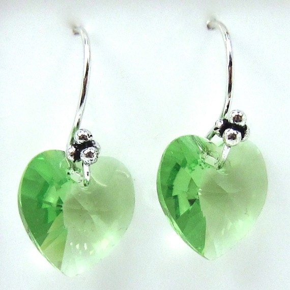 Peridot Green Swarovski Heart Earrings, Valentine's and St. Pat's Day