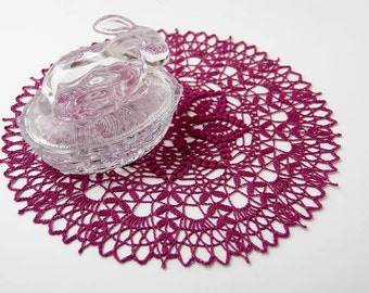 Crochet Doily, tabletop decor, lace centerpiece, frame for wall decor, raspberry, deep english rose, heirloom quality, cottage chic