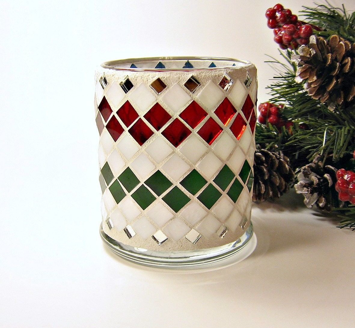 Stained glass mosaic votive candle holder red white green