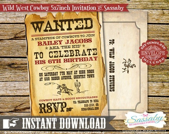 Wild West Cowboy Boys Party Invitation - INSTANT DOWNLOAD - Editable & Printable Birthday Invitation by Sassaby Il_570xn