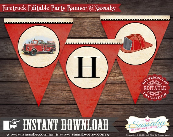Vintage Firetruck Banner - INSTANT DOWNLOAD - Editable & Printable Birthday Party Decoration by Sassaby Il_570xn