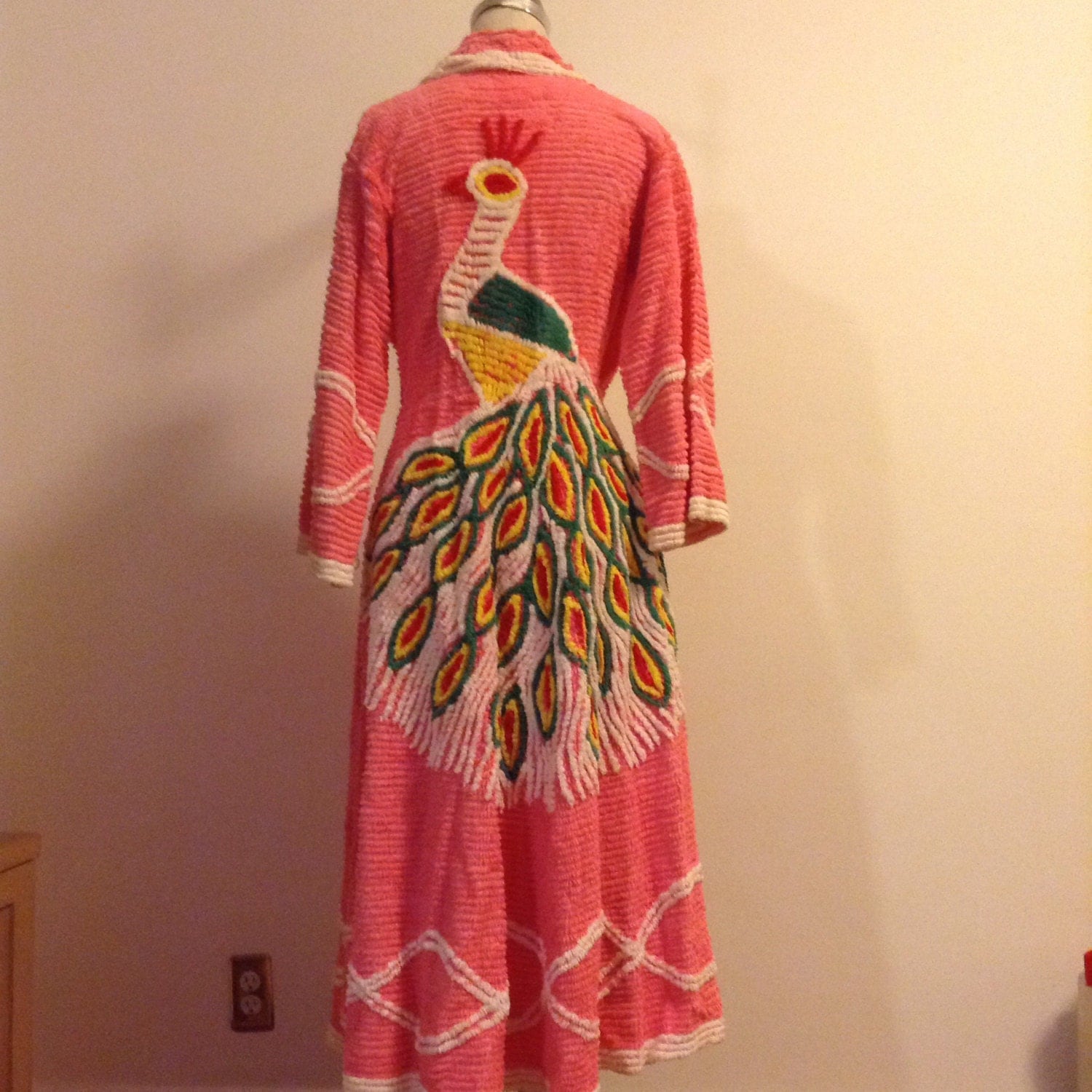 Peacock Chenille Robe Pink. Belted Small Medium