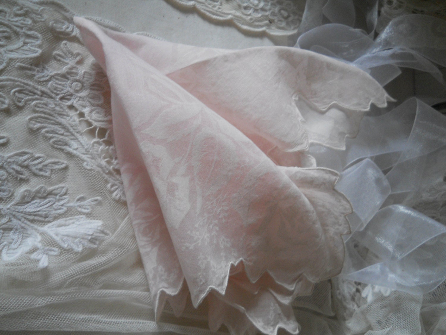 Pink Organdy Rose Handkerchief Light Pink White Roses Womem’s Accessories Vintage Pink