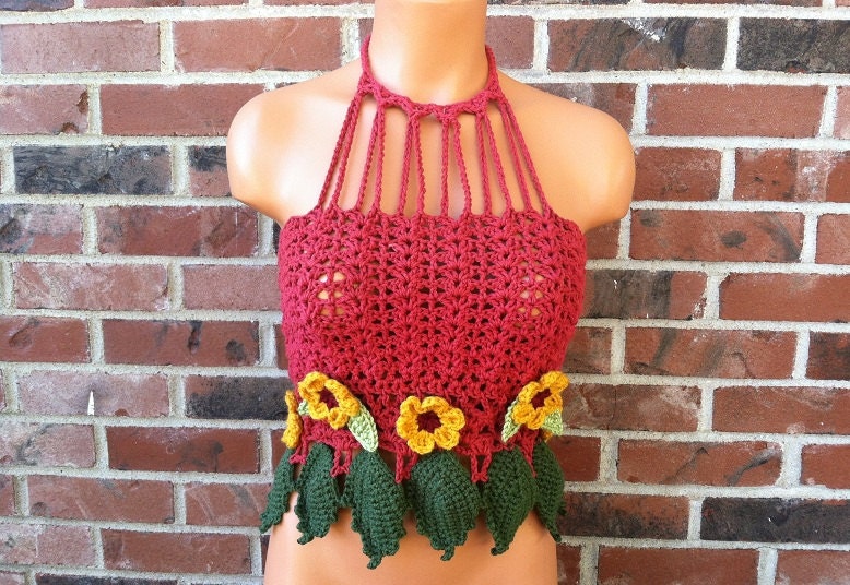 High Neck Crochet Crop Top Vikni Crochet Flower Leaf Top