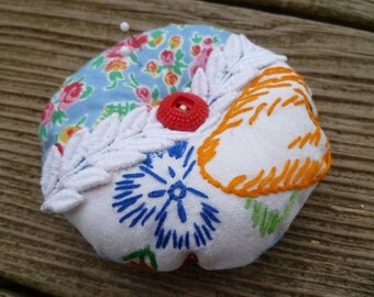 Pincushion, vintage embroidery and buttons