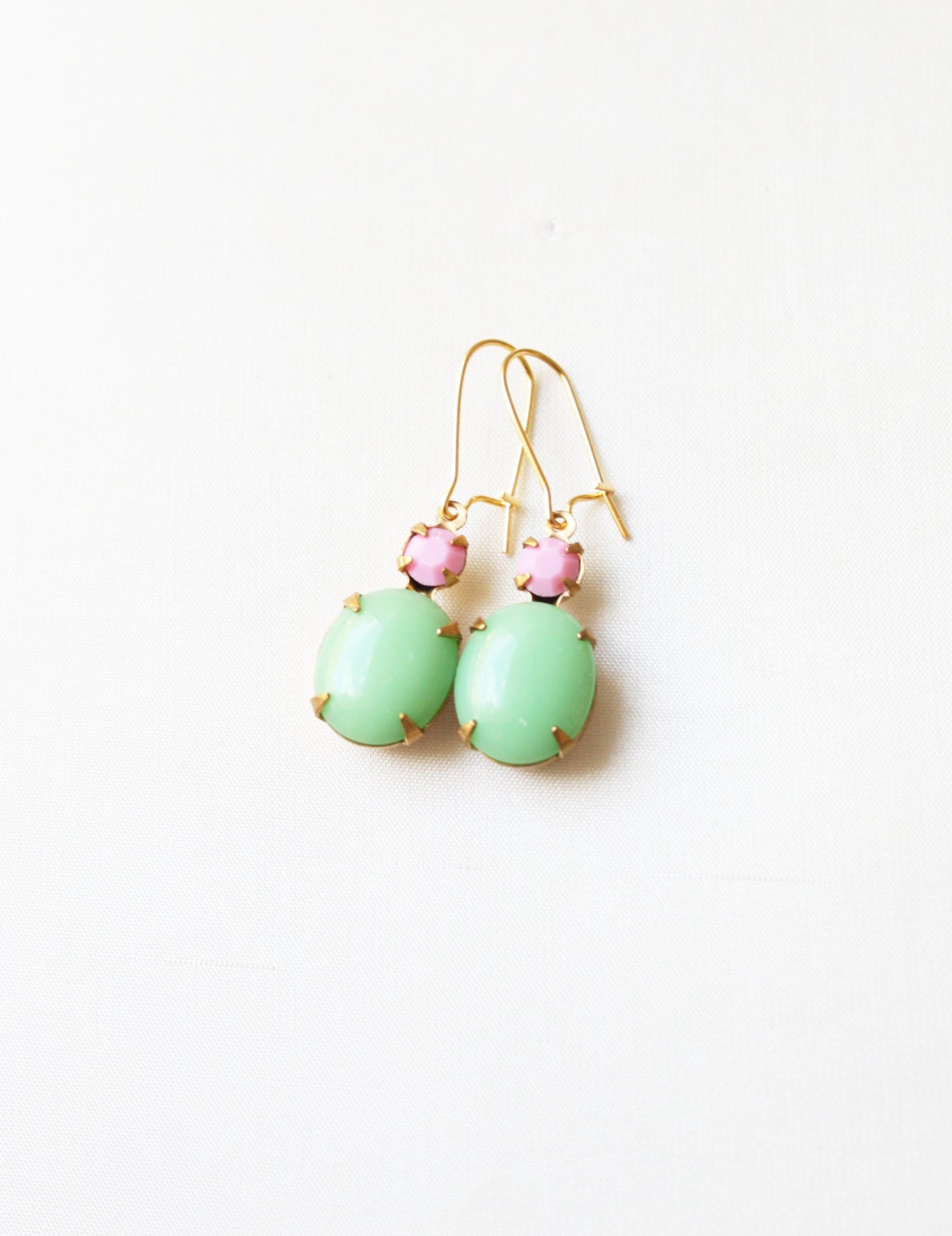 Vintage Spring Green and Pink Glass Cabochon Earrings, Set Stone Earrings, Colored Stone Earrings, Rhinestone Earrings, Bezel Earrings