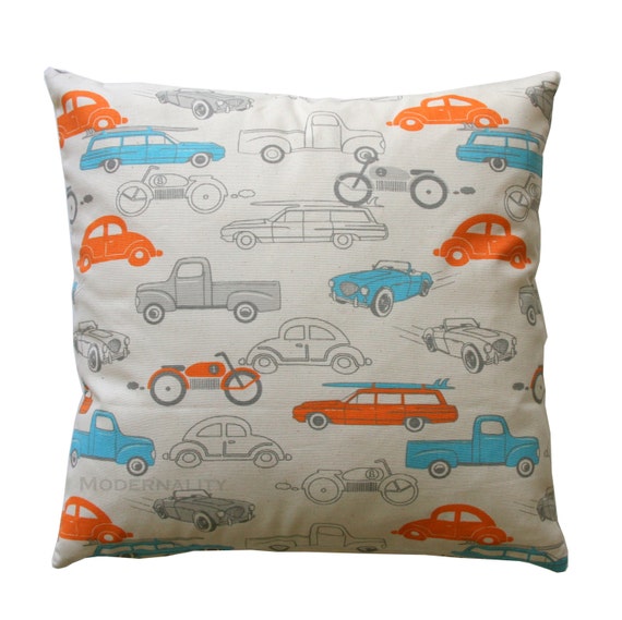 Childrens Pillow- Premier Prints Mandarin Orange Retro Rides Pillow Cover- All Sizes- Zippered Pillow Boys Room Decor Kids Cars Pillow