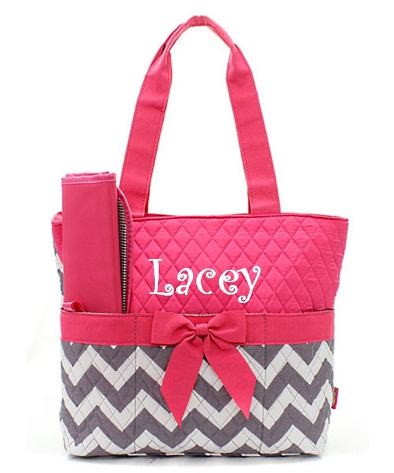 Personalized Gray & Hot Pink Chevron Diaper Bag Set 3 piece