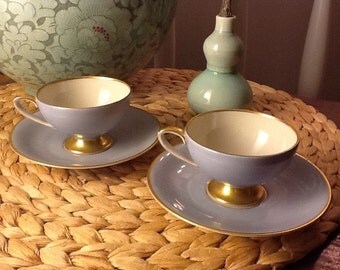 Vintage Pair of Plankenhammer Bavarian German Demitasse Bone China Teacups and Saucers Blue and Gold