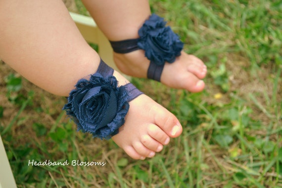 NAVY Barefoot Sandals - Baby Shoes - Frayed Chiffon Flower Sandal ...