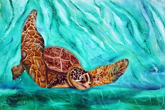 Items similar to Huge sea turtle painting, ocean, nautical, underwater ...