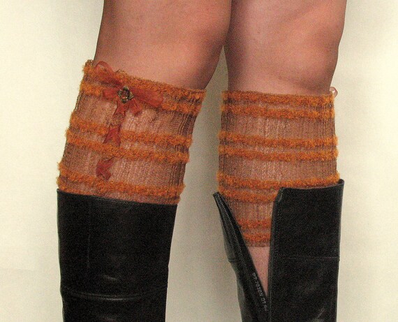 Lace Linen Boot Cuff Boot Toppers Leg Warmers Striped Brown Boot Socks Knit Legwarmers Cable Knitted