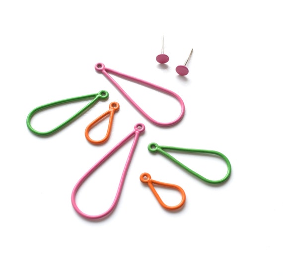 teardrop stacking earrings powdercoated in pink, orange and green