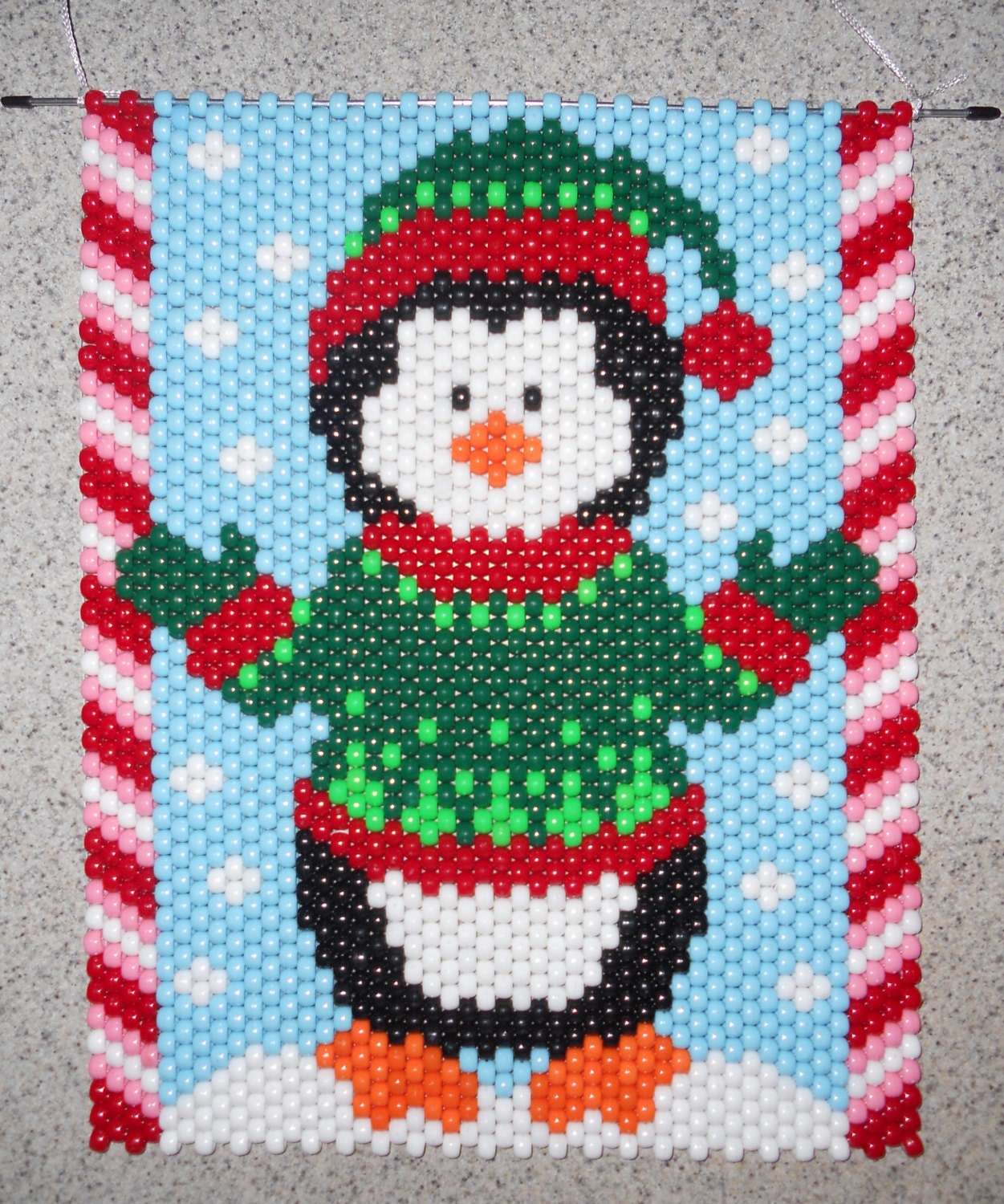 Handmade Hand Beaded Christmas Penguin Beaded Banner with White Nylon Cord Hanger
