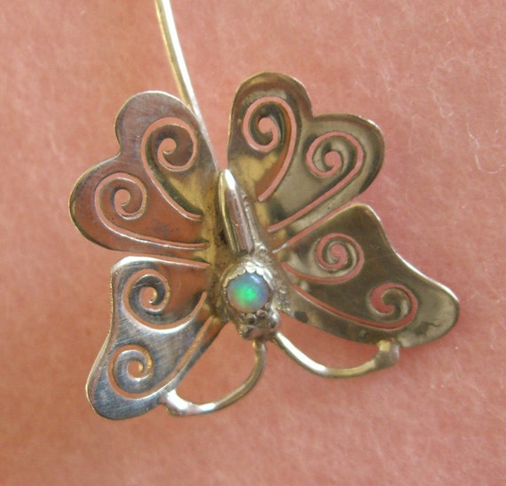 Sterling Silver Opal Butterfly Stick Pin Vintage Antique 1940s