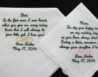 Embroidered Wedding Handkerchiefs for Mother and Father of the Bride