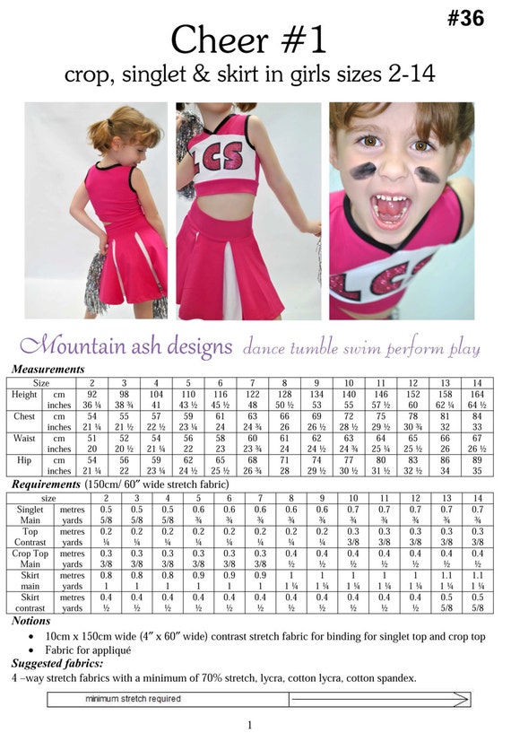 Cheer 1 pdf sewing pattern girls cheerleading costume uniform cheer