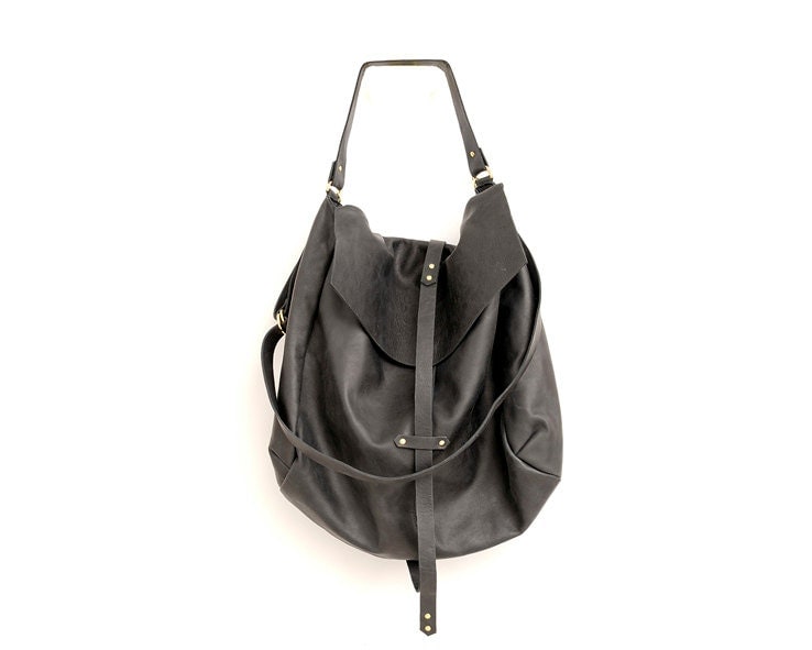 Large Black Leather Hobo Bag for Women Handmade Slouchy