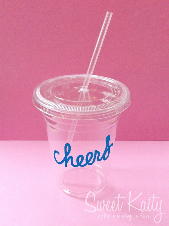 24 CHEERS Party Cups, Lids, and Plastic Straws - 12 oz or 16 oz - BLUE Decal - Wedding, Birthday, Baby Shower, Party Il_570xn
