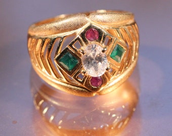 Vintage 80s Ring Gold Plated Ring Faceted Rhinestones Ring Sparkly Ring French Jewelry Ring Size 9.25 US