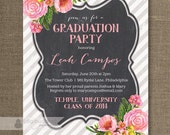 Roses & Chalkboard Graduation Party Invitation Pink Flowers Gray White Striped Pastel Chalk Modern Printable Digital or Printed - Leah Il_170x135