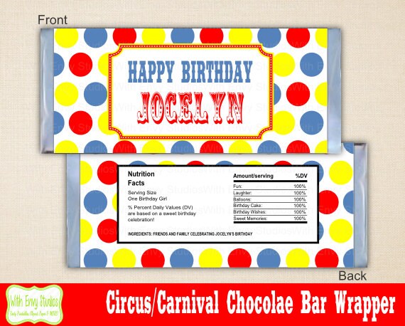 Circus Chocolate Bar Wrapper, Carnival Chocolate Bar Wrapper, Printable Chocolate Bar Wrapper, Candy Bar Wrapper, Circus Printables Il_570xn