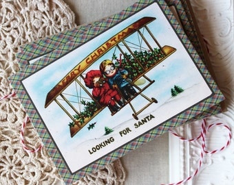 Christmas Note Cards- Vintage Kids in Airplane-Looking for Santa- Set of 20