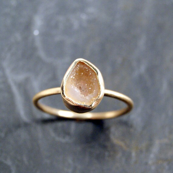 Champagne Geode Druzy Ring in Solid 14K Yellow Gold