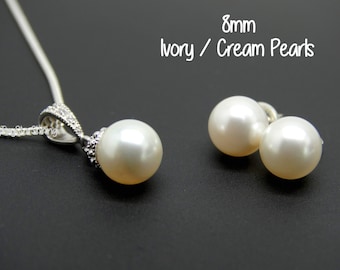 Ivory pearl jewelry set wedding ivory pearl earrings ivory pearl stud earrings Cream Pearl earrings and Necklace Small Pearls Earrings
