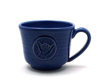 Shaka Coffee Mug: Cobalt Blue Aloha Spirit Hang Loose Ceramic Tea Cup, Hawaii Surfer Gifts, Pottery Husband Gift for Him - Ready to Ship