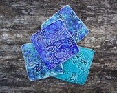Seaside Coasters Blue green turquoise Set of 4,  Fish, Paisley waves stamped with Indian wood blocks
